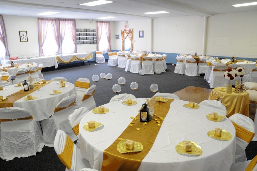 Interior of the Friendship Lodge hall arranged for an event