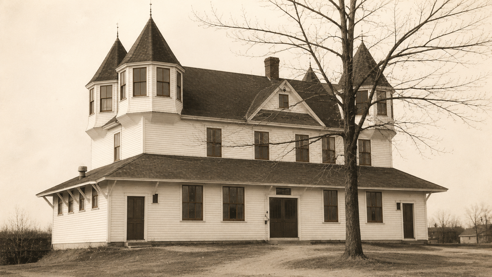 Historic photograph of Friendship Lodge with its original four turrets