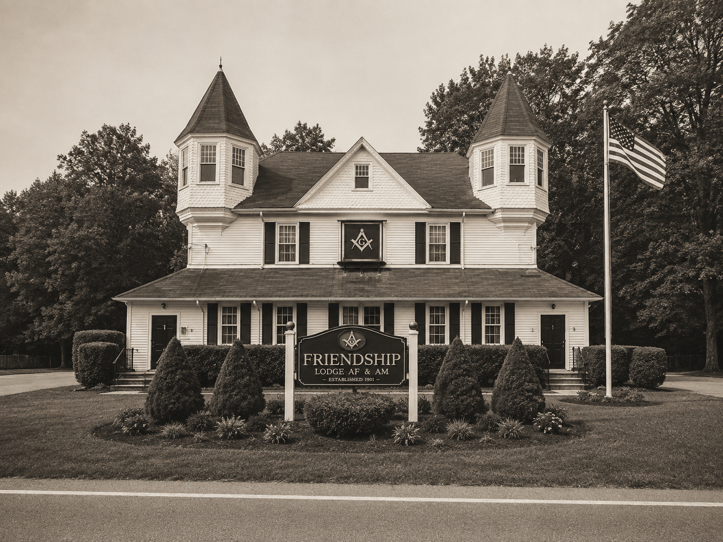 Modern photograph of Friendship Lodge from the front